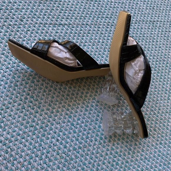 Square Heels Sandals Block Lucite Clear Chunky Heel Mules Peep Toe, Size EUR 37 - Picture 9 of 11